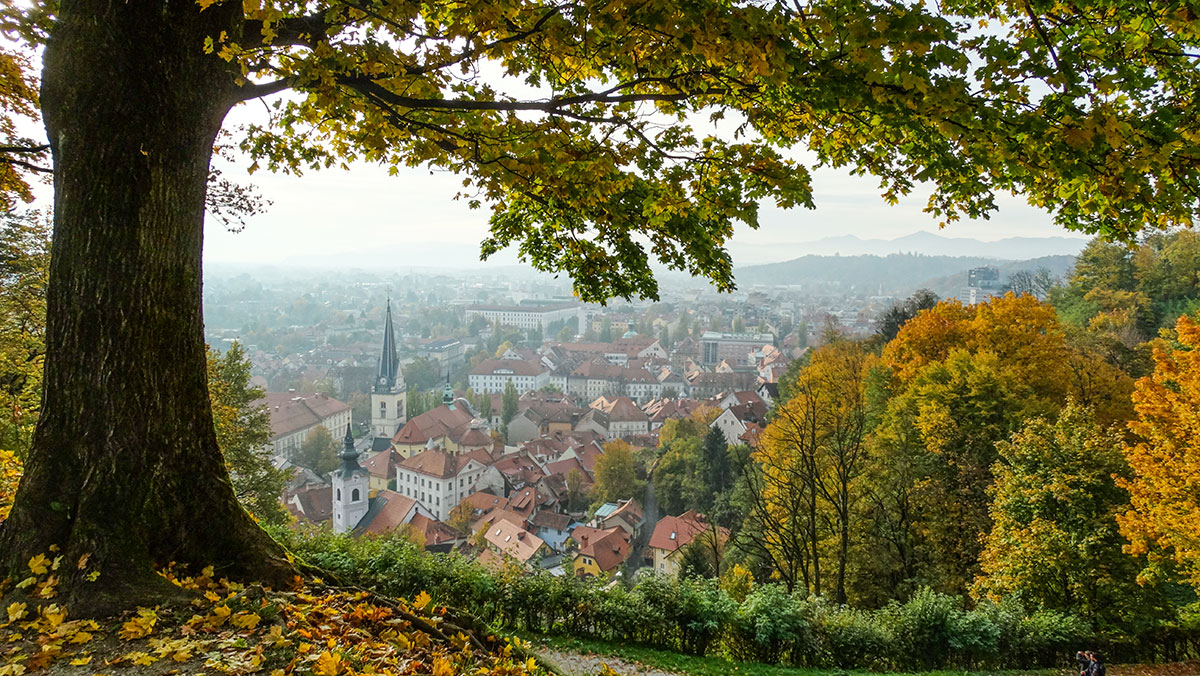 View over Ljubljana from the park around the castle