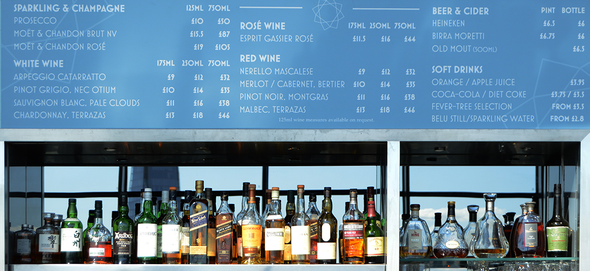 Drinks, prices, menu, London Sky Garden